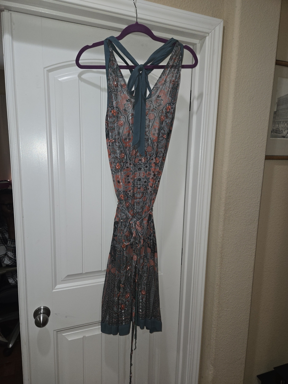 ZARA  Beaded Sleeveless Teal and Coral Patterned Midi Dress Size L